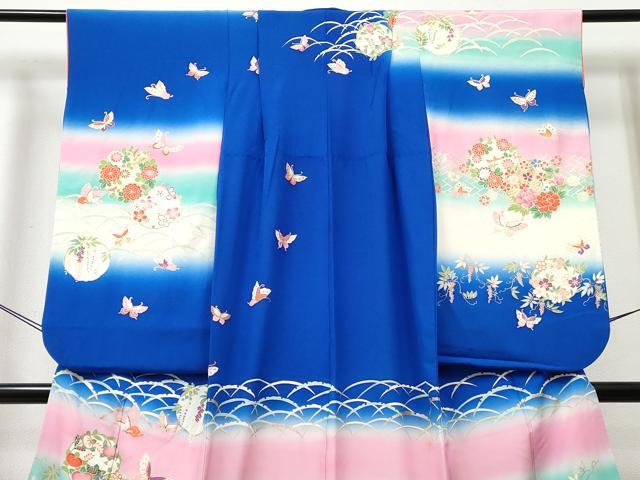 平和屋着物[]七五三 女の子 ７歳 祝着 四つ身 花蝶丸文 暈し染め 金銀彩 逸品 DABE7351ma