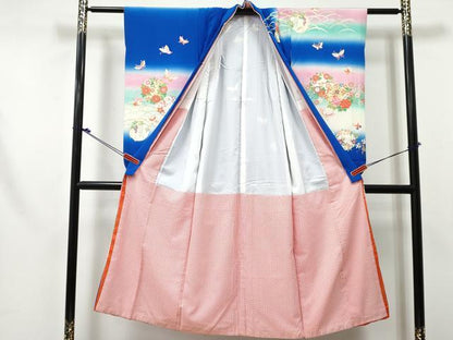 平和屋着物[]七五三 女の子 ７歳 祝着 四つ身 花蝶丸文 暈し染め 金銀彩 逸品 DABE7351ma