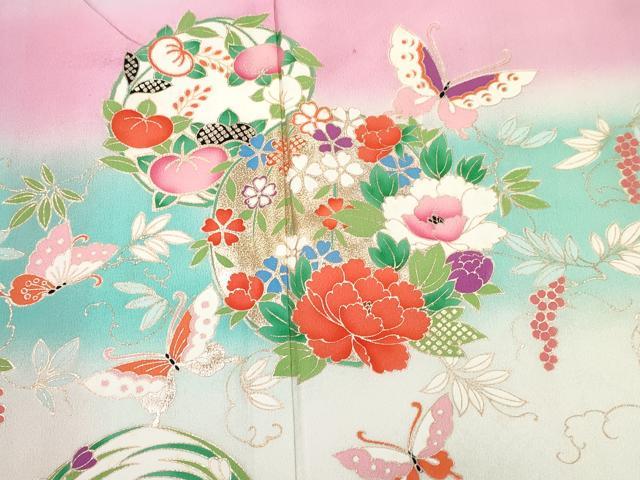 平和屋着物[]七五三 女の子 ７歳 祝着 四つ身 花蝶丸文 暈し染め 金銀彩 逸品 DABE7351ma