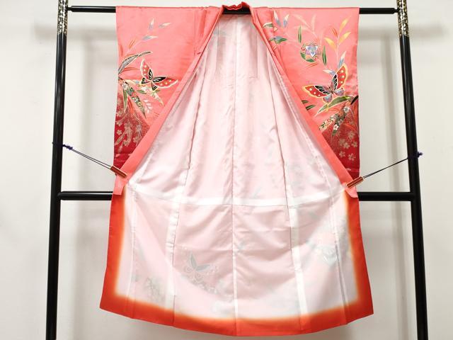 平和屋着物[]七五三 女の子 ７歳 祝着 四つ身 扇面舞蝶花車文 暈し染め 金彩 DABE7353ma