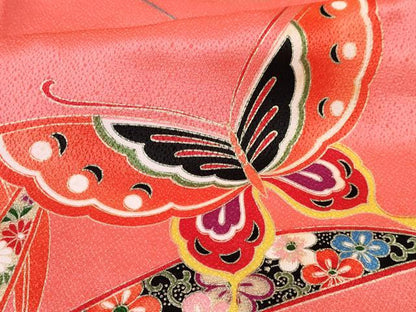 平和屋着物[]七五三 女の子 ７歳 祝着 四つ身 扇面舞蝶花車文 暈し染め 金彩 DABE7353ma