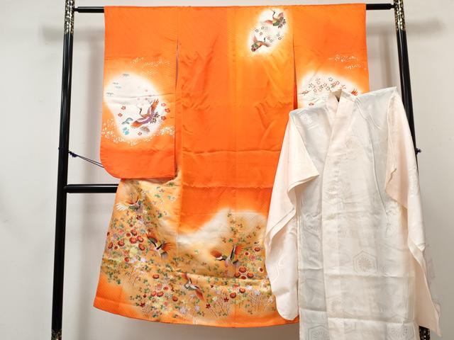 平和屋着物[]七五三　女の子　７歳　祝着　四つ身　長襦袢(無双仕立て)　飛鶴花文　暈し染め　金彩　逸品　DABE7354ma