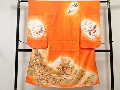 平和屋着物[]七五三　女の子　７歳　祝着　四つ身　長襦袢(無双仕立て)　飛鶴花文　暈し染め　金彩　逸品　DABE7354ma