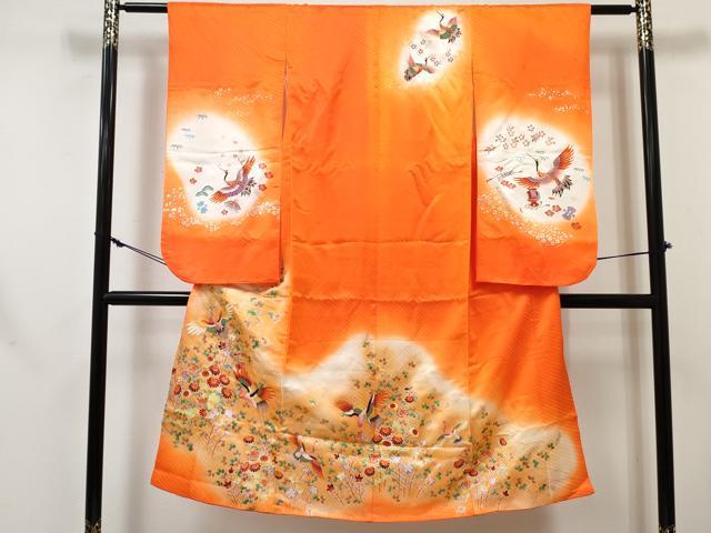 平和屋着物[]七五三　女の子　７歳　祝着　四つ身　長襦袢(無双仕立て)　飛鶴花文　暈し染め　金彩　逸品　DABE7354ma