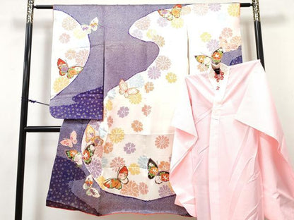 平和屋着物[]七五三 女の子 ７歳 祝着 四つ身 長襦袢(無双仕立て・半衿刺繍) 花蝶文 金彩 逸品 DABE7355ma