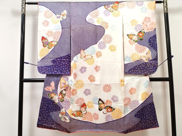平和屋着物[]七五三 女の子 ７歳 祝着 四つ身 長襦袢(無双仕立て・半衿刺繍) 花蝶文 金彩 逸品 DABE7355ma