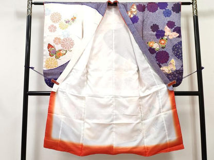 平和屋着物[]七五三 女の子 ７歳 祝着 四つ身 長襦袢(無双仕立て・半衿刺繍) 花蝶文 金彩 逸品 DABE7355ma