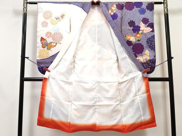 平和屋着物[]七五三 女の子 ７歳 祝着 四つ身 長襦袢(無双仕立て・半衿刺繍) 花蝶文 金彩 逸品 DABE7355ma