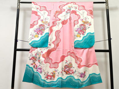 平和屋着物[]七五三　女の子　７歳　祝着　四つ身　貝桶花文　暈し染め　金銀彩　逸品　DABE7356ma