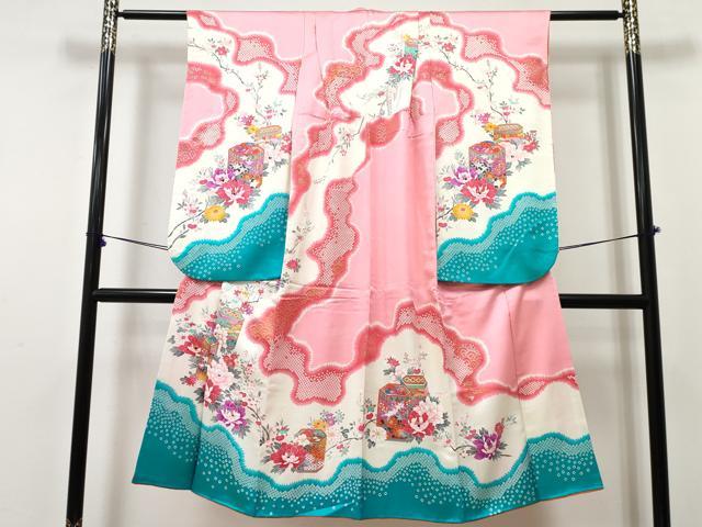 平和屋着物[]七五三　女の子　７歳　祝着　四つ身　貝桶花文　暈し染め　金銀彩　逸品　DABE7356ma