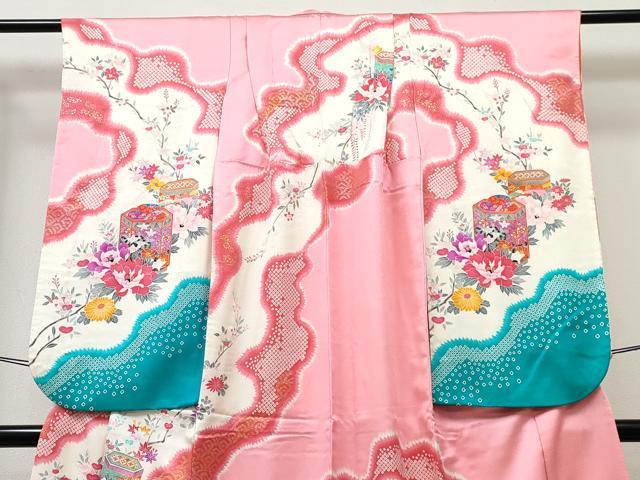 平和屋着物[]七五三　女の子　７歳　祝着　四つ身　貝桶花文　暈し染め　金銀彩　逸品　DABE7356ma