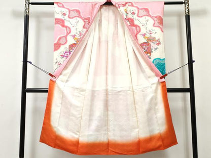 平和屋着物[]七五三　女の子　７歳　祝着　四つ身　貝桶花文　暈し染め　金銀彩　逸品　DABE7356ma
