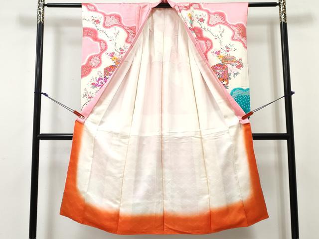 平和屋着物[]七五三　女の子　７歳　祝着　四つ身　貝桶花文　暈し染め　金銀彩　逸品　DABE7356ma
