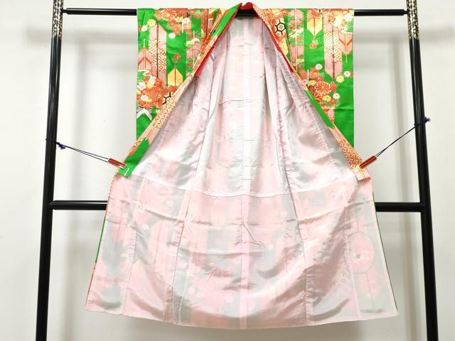 平和屋着物[]七五三　女の子　７歳　祝着　四つ身　駒刺繍　矢羽鼓花文　金彩　未使用　DABE7358ma