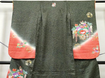 平和屋着物[]七五三　女の子　７歳　祝着　四つ身　花車文　暈し染め　金銀彩　逸品　DABE7359ma