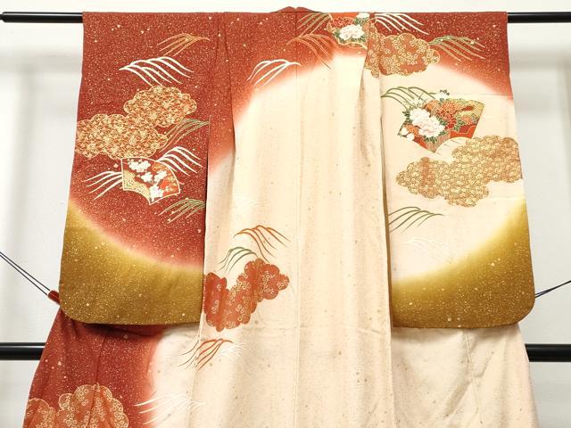 平和屋着物∵女の子　十三参り　子供　祝着　地紙重ね　御所車花文　暈し染め　金彩　逸品　DABE7360ma