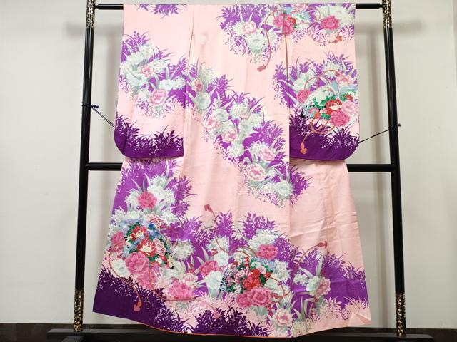 平和屋着物∵女の子　十三参り　子供　祝着　駒刺繍　檜扇花鳥文　暈し染め　銀彩　逸品　DABE7362ma