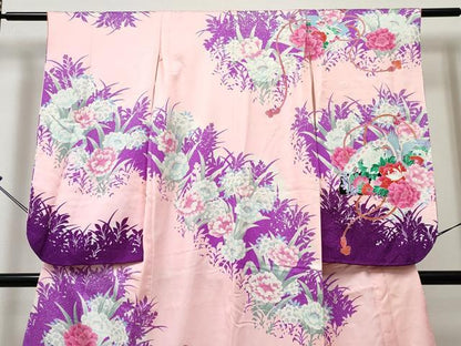 平和屋着物∵女の子　十三参り　子供　祝着　駒刺繍　檜扇花鳥文　暈し染め　銀彩　逸品　DABE7362ma