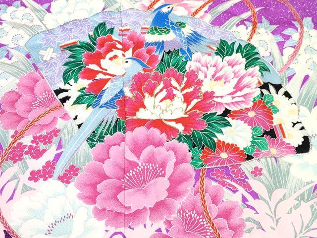 平和屋着物∵女の子　十三参り　子供　祝着　駒刺繍　檜扇花鳥文　暈し染め　銀彩　逸品　DABE7362ma