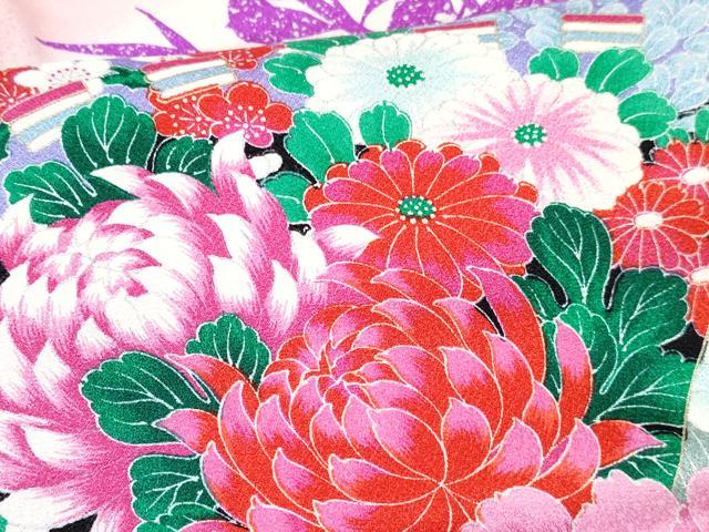 平和屋着物∵女の子　十三参り　子供　祝着　駒刺繍　檜扇花鳥文　暈し染め　銀彩　逸品　DABE7362ma