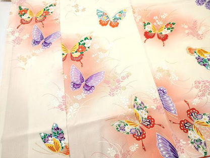 平和屋着物[]七五三　女の子　７歳　祝着　四つ身　花蝶文　暈し染め　金彩　逸品　DABE7363ma