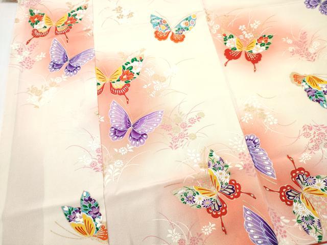 平和屋着物[]七五三　女の子　７歳　祝着　四つ身　花蝶文　暈し染め　金彩　逸品　DABE7363ma