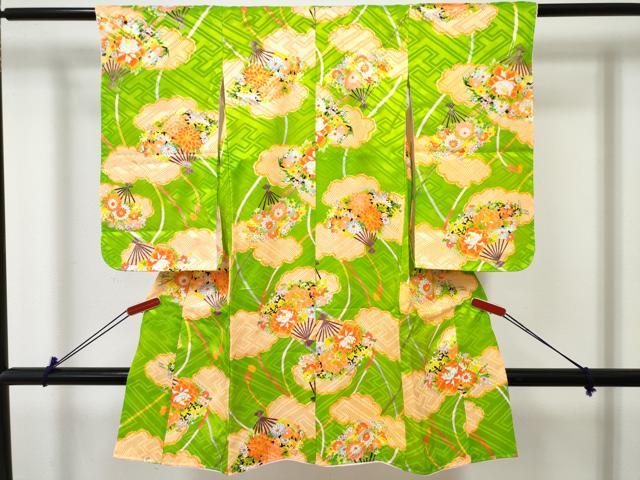 平和屋着物[]七五三　女の子　３歳　祝着　三つ身　扇面花文　金彩　DABE7365ma