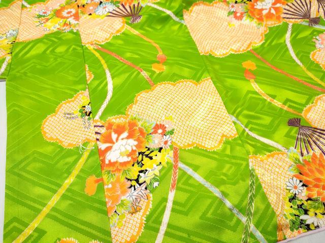 平和屋着物[]七五三　女の子　３歳　祝着　三つ身　扇面花文　金彩　DABE7365ma