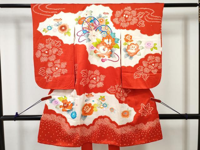 平和屋着物[]七五三　女の子　３歳　祝着　三つ身　絞り　鼓花文　金彩　逸品　DABE7368ma