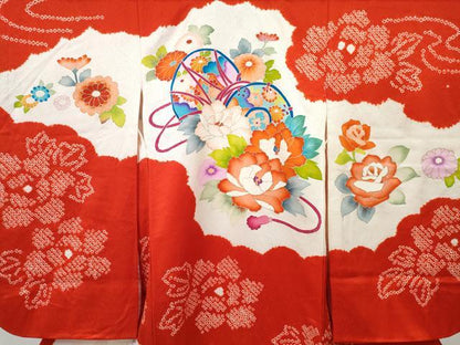 平和屋着物[]七五三　女の子　３歳　祝着　三つ身　絞り　鼓花文　金彩　逸品　DABE7368ma