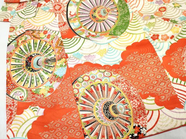 平和屋着物[]七五三　女の子　３歳　祝着　三つ身　源氏車花文　金彩　逸品　DABE7370ma