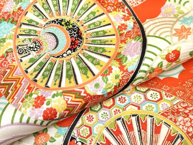 平和屋着物[]七五三　女の子　３歳　祝着　三つ身　源氏車花文　金彩　逸品　DABE7370ma