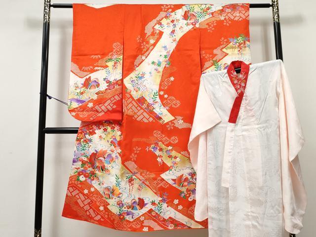 平和屋着物[]七五三　女の子　７歳　祝着　四つ身　襦袢(無双仕立て・半衿刺繍)セット　鴛鴦花文　金彩　逸品　DABE7372ma