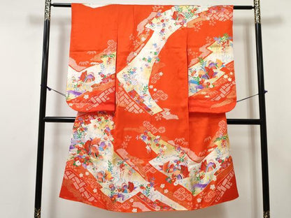 平和屋着物[]七五三　女の子　７歳　祝着　四つ身　襦袢(無双仕立て・半衿刺繍)セット　鴛鴦花文　金彩　逸品　DABE7372ma