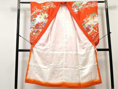 平和屋着物[]七五三　女の子　７歳　祝着　四つ身　襦袢(無双仕立て・半衿刺繍)セット　鴛鴦花文　金彩　逸品　DABE7372ma