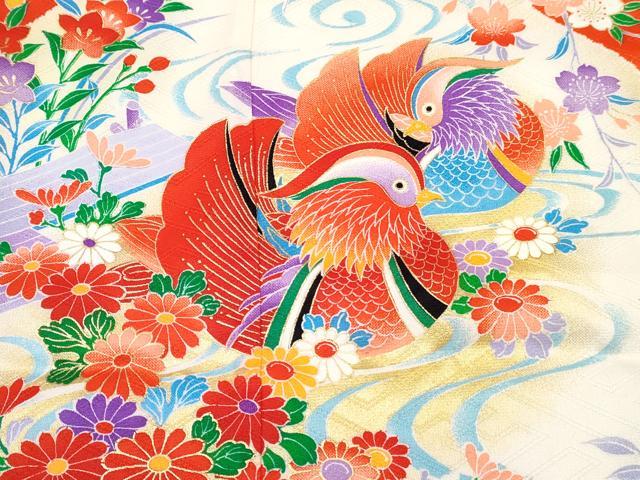 平和屋着物[]七五三　女の子　７歳　祝着　四つ身　襦袢(無双仕立て・半衿刺繍)セット　鴛鴦花文　金彩　逸品　DABE7372ma