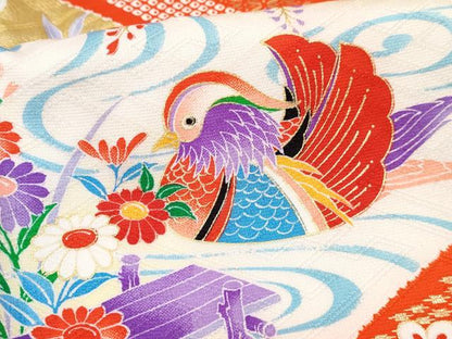 平和屋着物[]七五三　女の子　７歳　祝着　四つ身　襦袢(無双仕立て・半衿刺繍)セット　鴛鴦花文　金彩　逸品　DABE7372ma