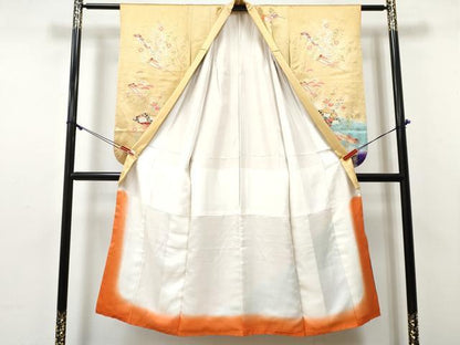 平和屋着物∵女の子　十三参り　子供　祝着　扇面花蝶文　暈し染め　金彩　逸品　DABE7374ma