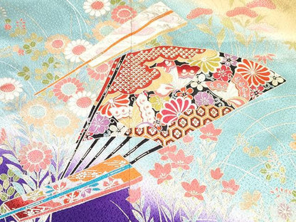 平和屋着物∵女の子　十三参り　子供　祝着　扇面花蝶文　暈し染め　金彩　逸品　DABE7374ma
