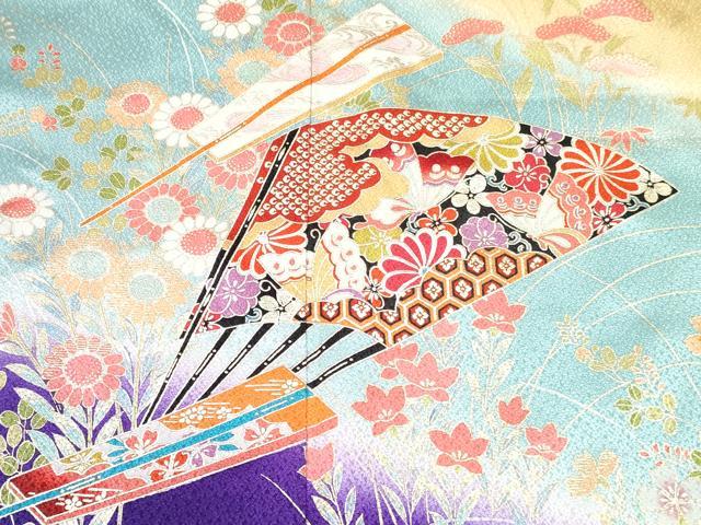 平和屋着物∵女の子　十三参り　子供　祝着　扇面花蝶文　暈し染め　金彩　逸品　DABE7374ma