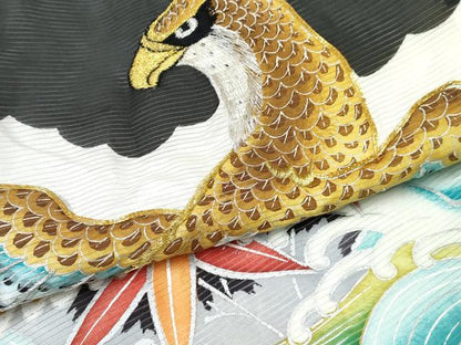 平和屋着物＊夏物　お宮参り　男の子　祝着　産着　初着　のしめ　絽　駒刺繍　鷹　鷲　立波笹文　暈し染め　銀彩　逸品　DABE7386ma