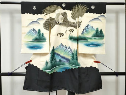 平和屋着物[]お宮参り　男の子　祝着　産着　初着　のしめ　作家物　鷹　鷲　風景文　暈し染め　金彩　逸品　DABE7387ma