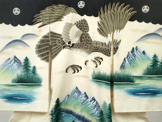 平和屋着物[]お宮参り　男の子　祝着　産着　初着　のしめ　作家物　鷹　鷲　風景文　暈し染め　金彩　逸品　DABE7387ma