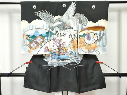 平和屋着物[]お宮参り　男の子　祝着　産着　初着　のしめ　駒刺繍　鷹　鷲　宝船　金彩　逸品　DABE7388ma