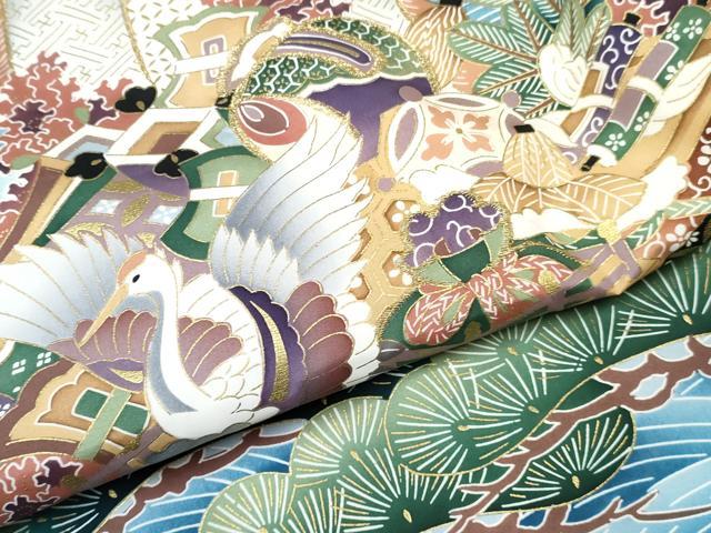 平和屋着物[]お宮参り　男の子　祝着　産着　初着　のしめ　刺繍　宝船　飛鶴立波松文　金彩　逸品　DABE7389ma