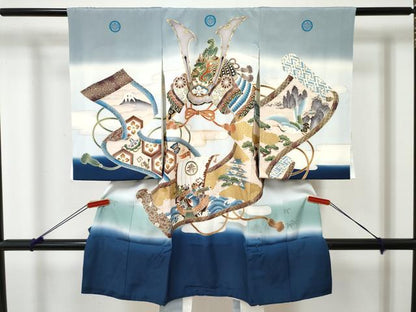 平和屋着物[]お宮参り　男の子　祝着　産着　初着　のしめ　駒刺繍　龍　兜　絵巻宝船文　暈し染め　金彩　逸品　DABE7391ma