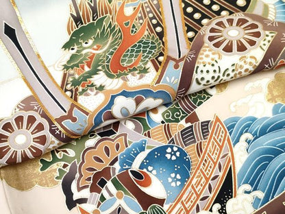 平和屋着物[]お宮参り　男の子　祝着　産着　初着　のしめ　駒刺繍　龍　兜　絵巻宝船文　暈し染め　金彩　逸品　DABE7391ma