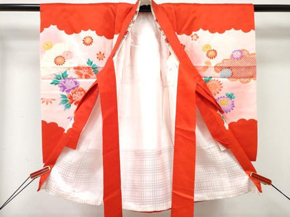 平和屋着物[]お宮参り　女の子　祝着　産着　初着　のしめ　駒刺繍　檜扇花文　暈し染め　金彩　逸品　DABE7394ma