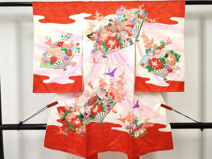 平和屋着物[]お宮参り　女の子　祝着　産着　初着　のしめ　扇面飛鶴鞠花文　暈し染め　金彩　逸品　DABE7398ma