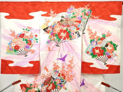 平和屋着物[]お宮参り　女の子　祝着　産着　初着　のしめ　扇面飛鶴鞠花文　暈し染め　金彩　逸品　DABE7398ma